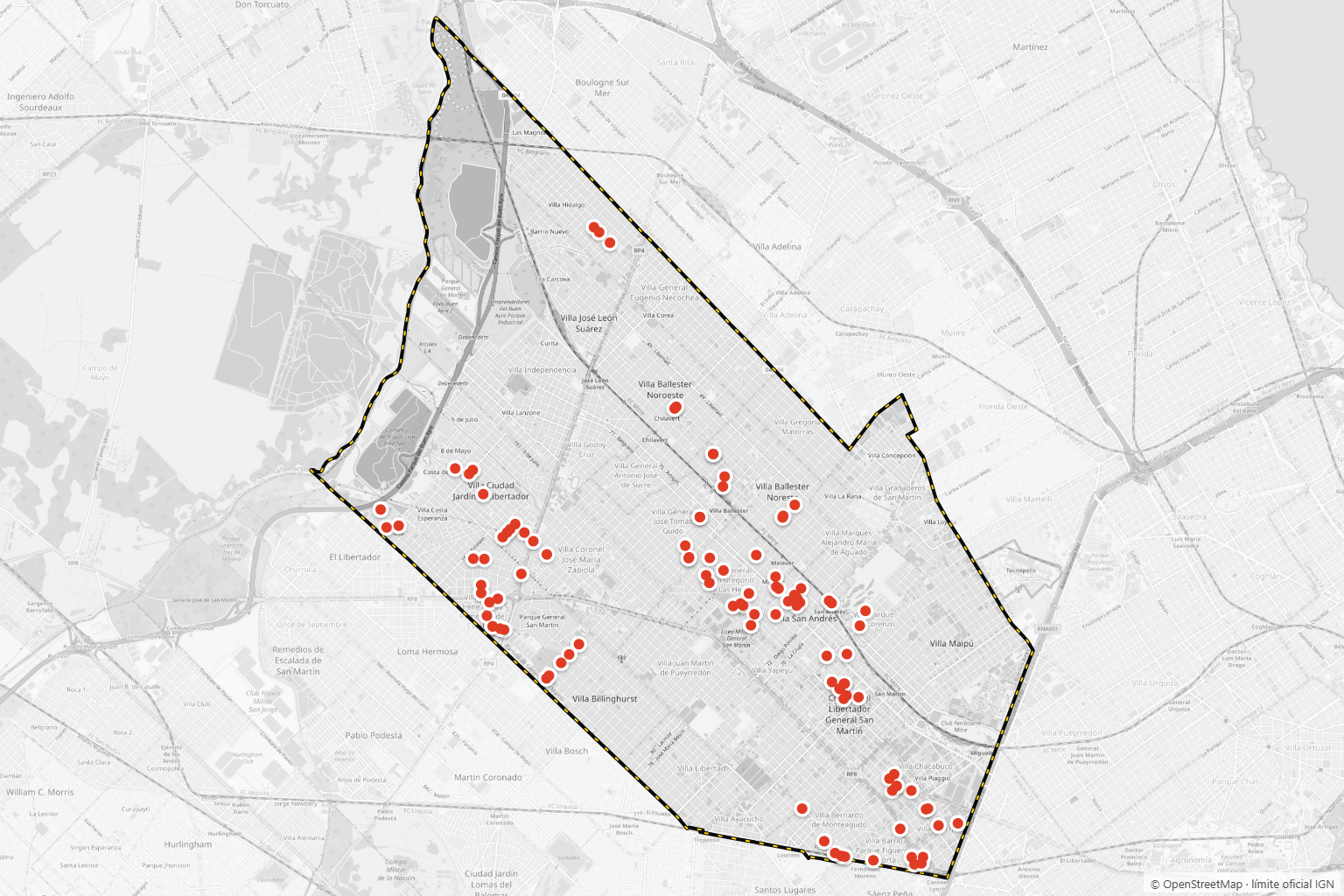 Mapa de Katopozos con los pozos denunciados en el partido de General San Martín